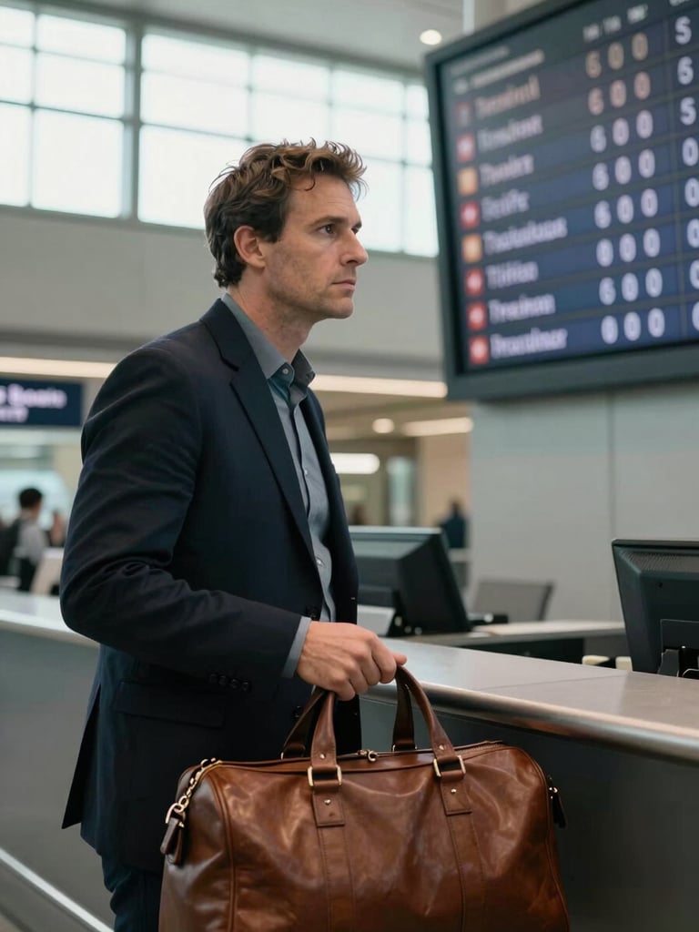 Close-medium shot of Anderson at a transit counter, one hand resting on a leather travel bag, attention directed at a departures board just out of frame, available daylight from a high window, real airport or train station environment, tight enough to read his focus and posture