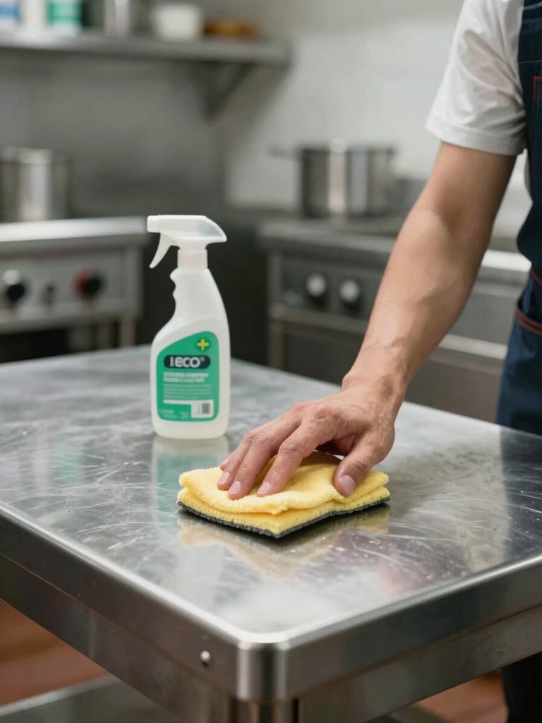Close-up of a professional cleaner using eco-friendly cleaning agents on a gleaming stainless steel prep table in a modern restaurant kitchen, natural cool daylight
