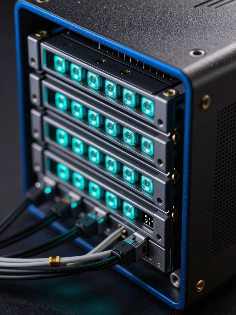 Extreme close-up macro photograph of a high-end NAS server unit with multiple drive bays illuminated by cyan internal LEDs, precision-routed cables, dark industrial surface, electric blue side lighting, no text, no humans, sharp technical detail