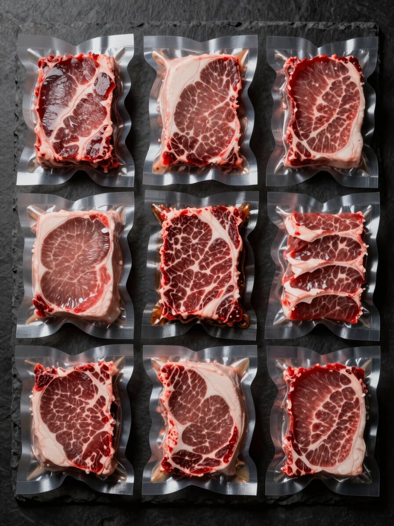 Top-down flat lay of neatly organized, vacuum-sealed meat portions on a dark slate background, dramatic side-lighting highlighting the fresh texture of beef, premium culinary editorial style.