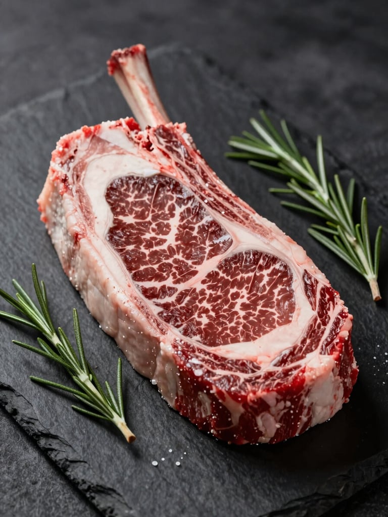 Dramatic portrait of raw ribeye steak on dark slate, rich marbling, rosemary sprig, side lighting, dark background