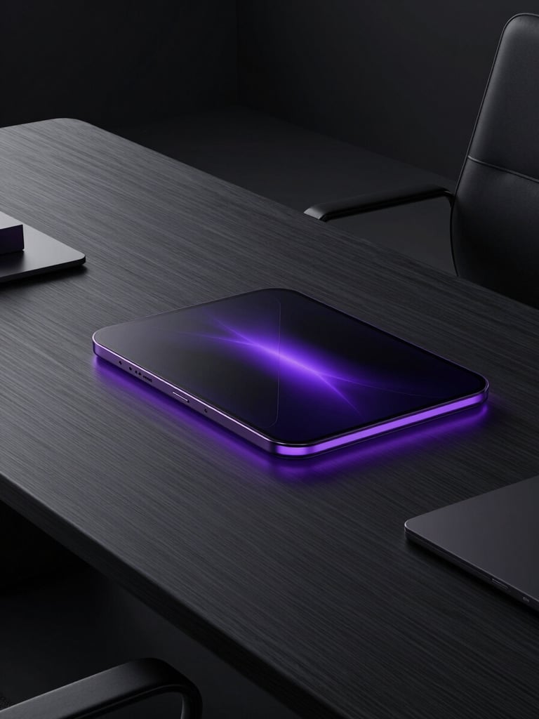 Sleek macro shot of a high-end modern tech workspace, dark wood, metallic details, subtle glowing violet light, minimal aesthetic