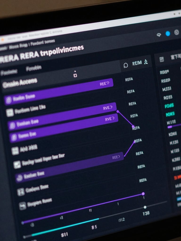 Extreme close-up of a high-fidelity compliance UI dashboard showing real-time RERA filing status, dark mode, laser-violet data paths, sharp focus, technical precision.