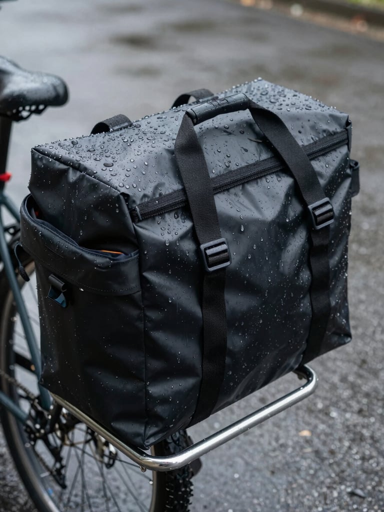 Eye-level close-up of a waterproof black pannier bag covered in rain droplets, mounted on a rear metal bike rack, wet asphalt pavement in background, overcast daylight.