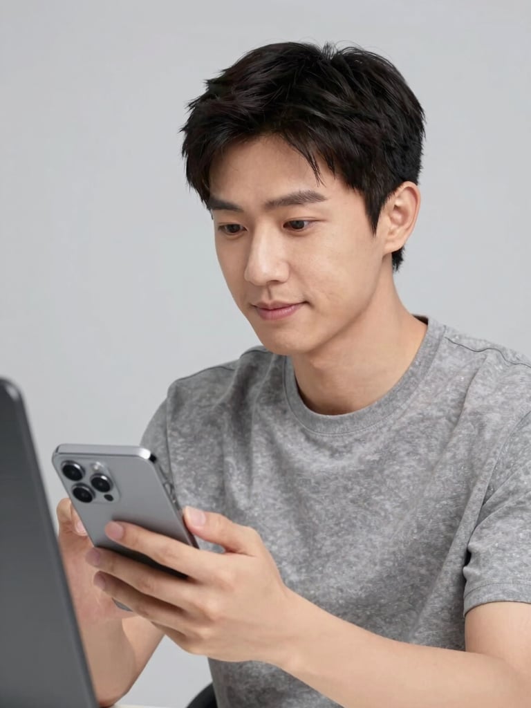 Portrait of a professional, focused product reviewer, mid-shot, approachable expression, in a well-lit modern studio environment. Perhaps subtly holding a tech gadget or looking at a screen. Neutral background. Sharp product photography style.