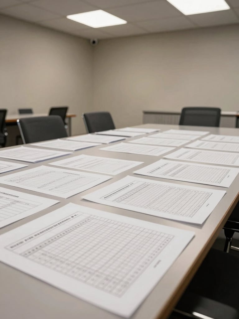Wide conference room interior, overhead angle from corner, a large table with printed job briefs and structured evaluation forms laid flat, neutral office lighting from overhead panels, no people, focus on the organized document workflow