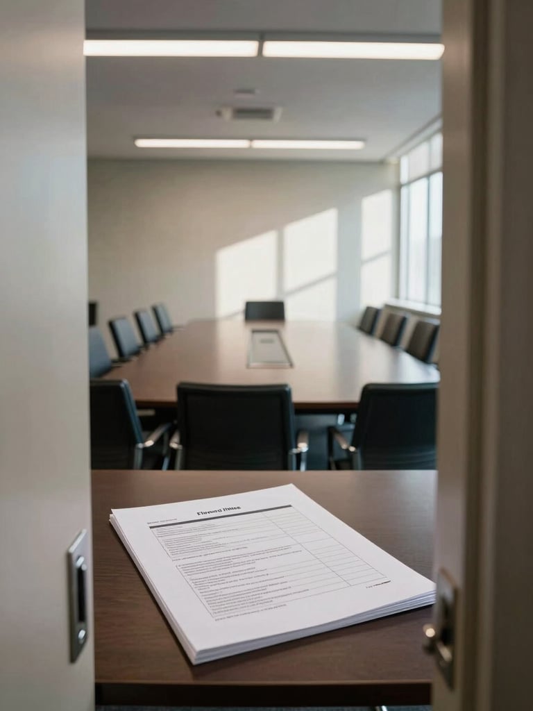 Wide-angle view of a corporate meeting room from the doorway threshold, a structured hiring brief document open on a dark conference table under neutral overhead lighting, empty chairs aligned precisely, window light cutting across the far wall — environmental, no people