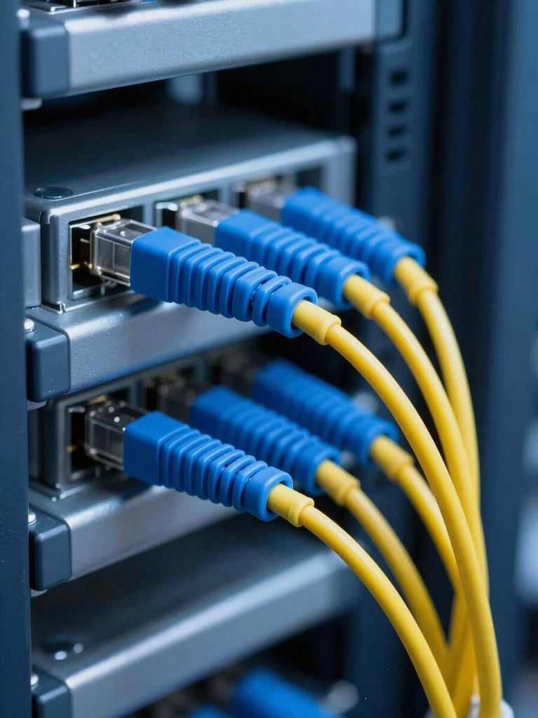 Macro close-up of blue and yellow fiber optic patch cables neatly routed through a high-density server rack, cool-toned crisp technical lighting, professional editorial style.