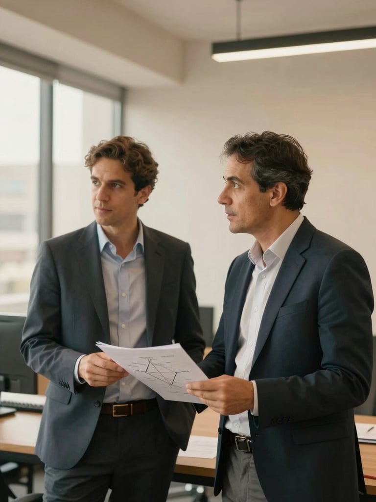 Medium environmental portrait of two corporate consultants discussing a roadmap in a modern Santiago office, warm sand light, professional and approachable, 35mm