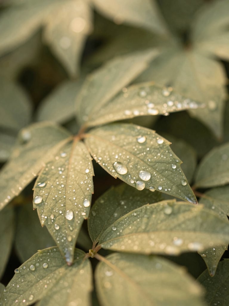 Macro shot of fresh green leaves with golden morning dew drops, soft natural light, shallow depth of field