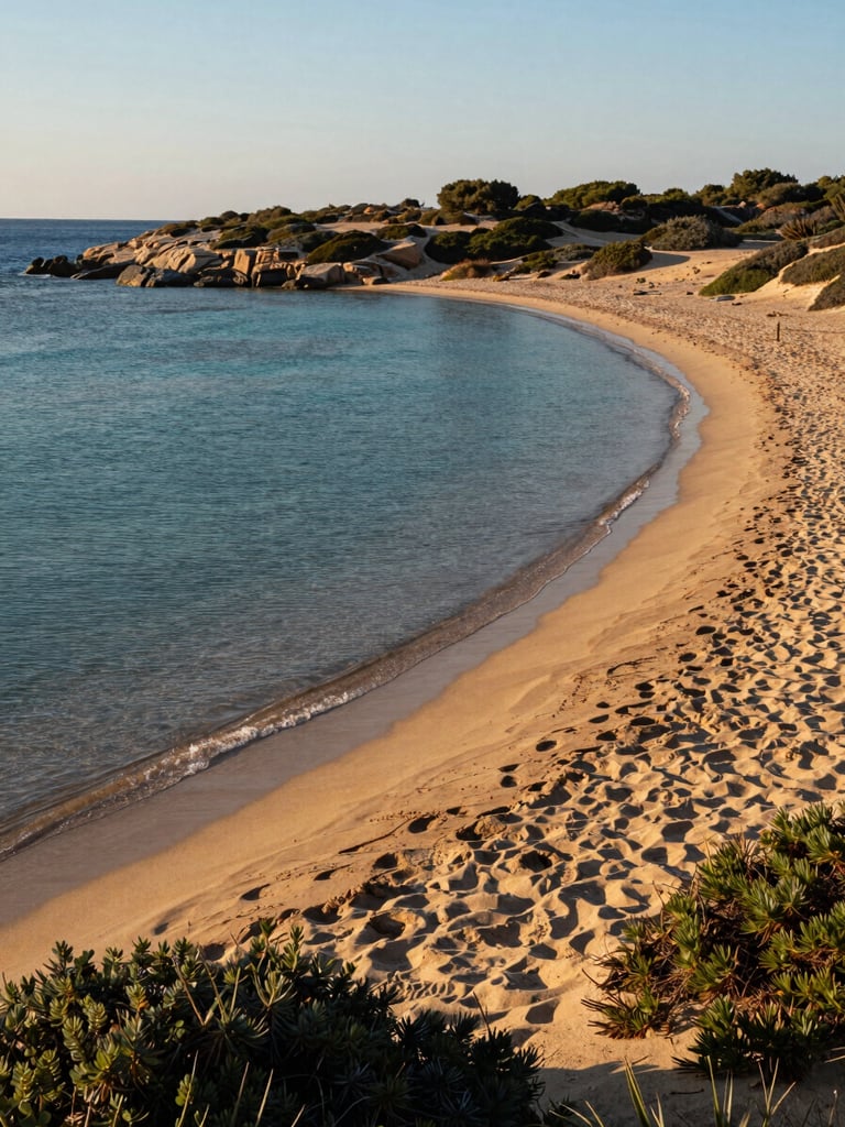 Wide panoramic shot of the sandy beach of Vendicari nature reserve under golden-hour sunlight, crystal clear turquoise water, wild Mediterranean scrub, warm sand tones