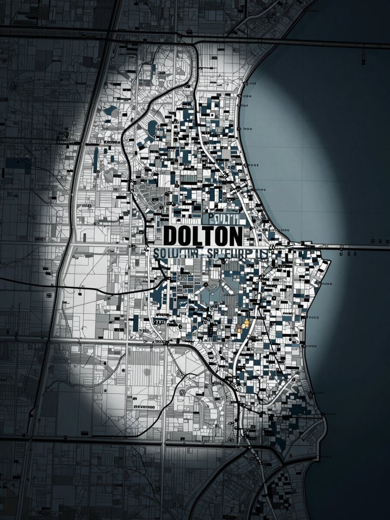 Map highlighting the Chicago South Suburbs area, centered on Dolton, IL, with a tactical overlay indicating patrol zones, high-contrast cool daylight, 35mm
