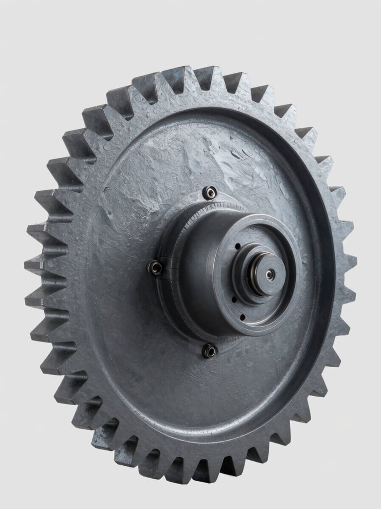 High-resolution studio shot of a large gear assembly for an XCMG loader, isolated on a clean gray background, crisp technical studio lighting, cool gray and blue tones, sharp focus, 50mm.