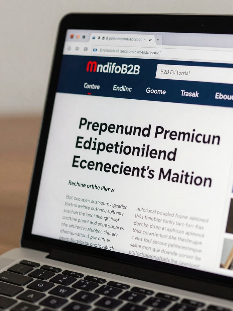 Close-up tight crop of a laptop screen showing a published article masthead on a recognizable premium B2B editorial site, the browser tab and URL bar visible at top, clean neutral daylight from the left side, keyboard edge visible at the bottom of the frame