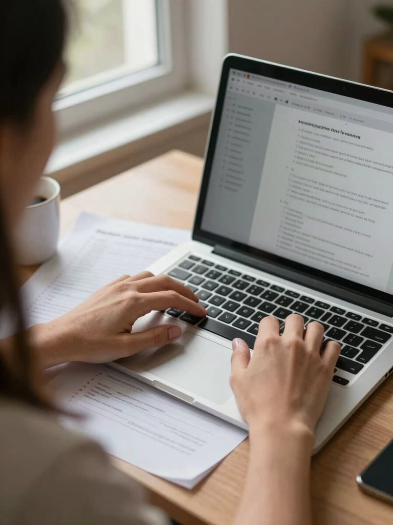 Close-up over-shoulder shot of a tutor's hands on a laptop keyboard at a home-office desk, a printed student worksheet beside the keyboard, soft daylight from a window to the left, coffee mug partially in frame, focused and quiet atmosphere