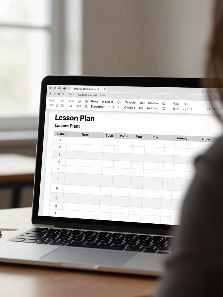 Tight over-shoulder screen-detail shot of a laptop showing a clean lesson plan document with grade-level headers and a rubric table, available daylight from a window to the left, empty classroom desk surface visible at the bottom edge