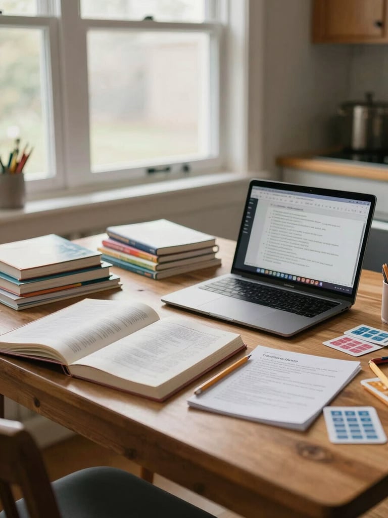 Wide environmental shot of a homeschool workspace — a kitchen table with textbooks, a laptop showing a unit plan, pencils and index cards scattered, natural morning light through a window, no people visible, honest and lived-in