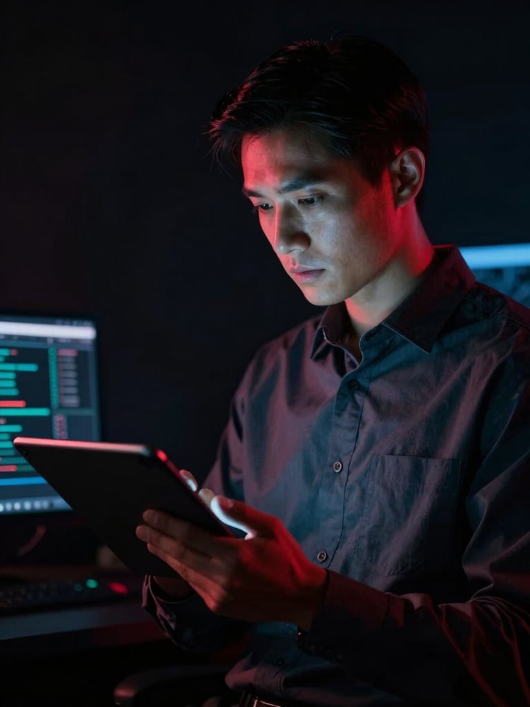 Dramatic cinematic low-key portrait of a security expert analyzing network data on a tablet, rim lit with crimson and cool blue tones, dark background