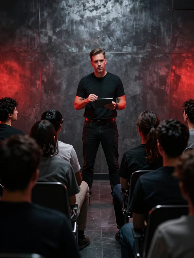 Cinematic portrait of a cybersecurity instructor teaching a diverse Texas community group, low-key dramatic lighting, steel gray background with crimson highlights.