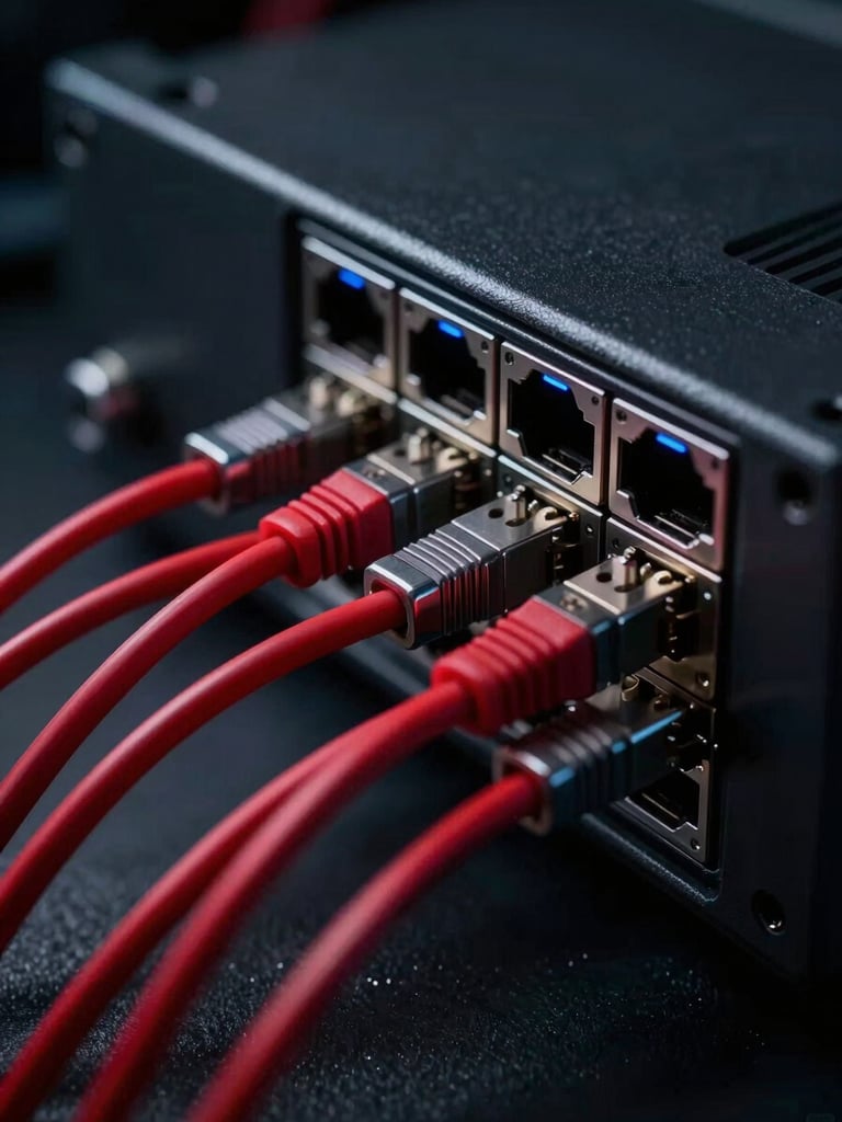 A serious, close-up shot of locked network hardware with cool metallic blue status lights and sharp crimson red fiber cables, dark technical background, high contrast cinematic lighting.