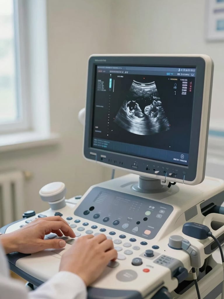 Close environmental shot of an ultrasound machine screen displaying a grayscale scan, physician's hands resting on the control panel in focus, clinical room background softly out of focus, even natural window light from the left, no patient visible