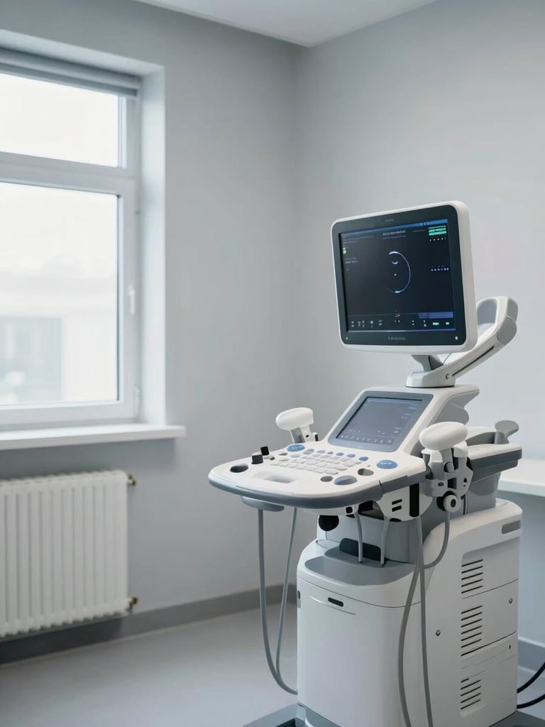 Wide clinical consultation room interior, right-side bleed composition — a modern ultrasound machine in sharp focus occupying the right two-thirds of the frame, clean white surfaces and soft gray walls, even natural daylight from a window at left, no people visible, shot from a low environmental angle emphasizing the room's professional calm