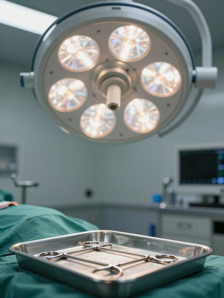 Close-up environmental shot inside a laparoscopy suite, surgical instruments arranged on a sterile tray in the foreground, operating light overhead casting even clinical illumination, no staff or patients visible, clean and precise