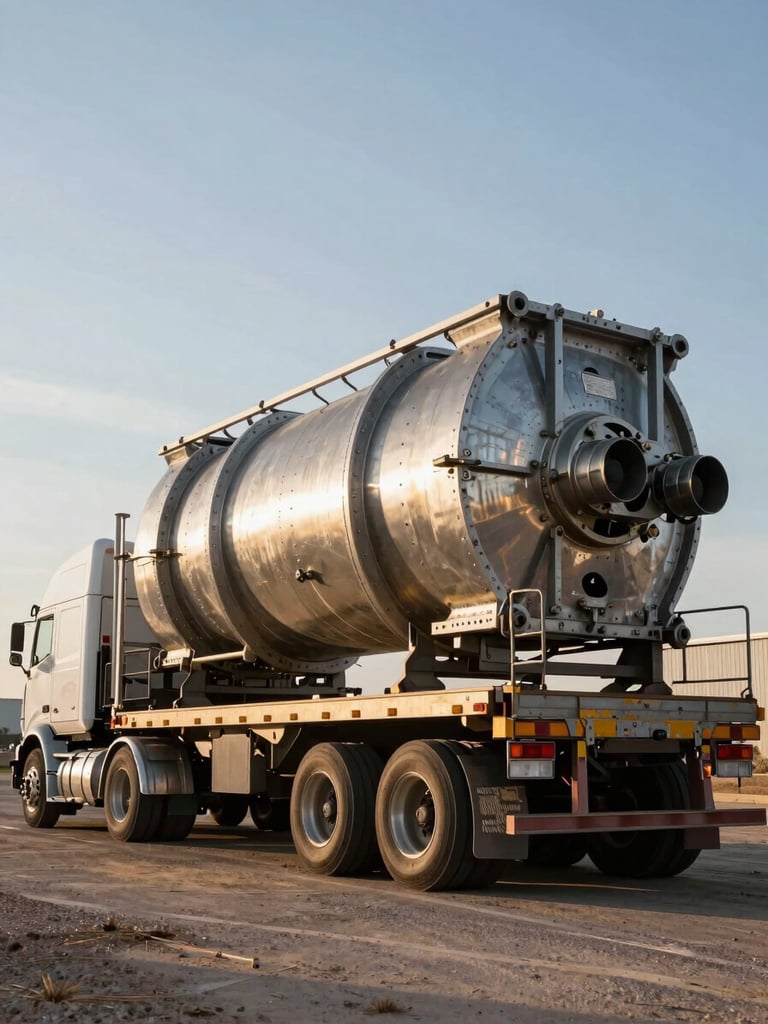 Low-angle hero shot of a multi-axle heavy-haul trailer, loaded with an oversized industrial component, parked in a Texas yard at golden hour, sharp focus, high-contrast metallic tones.