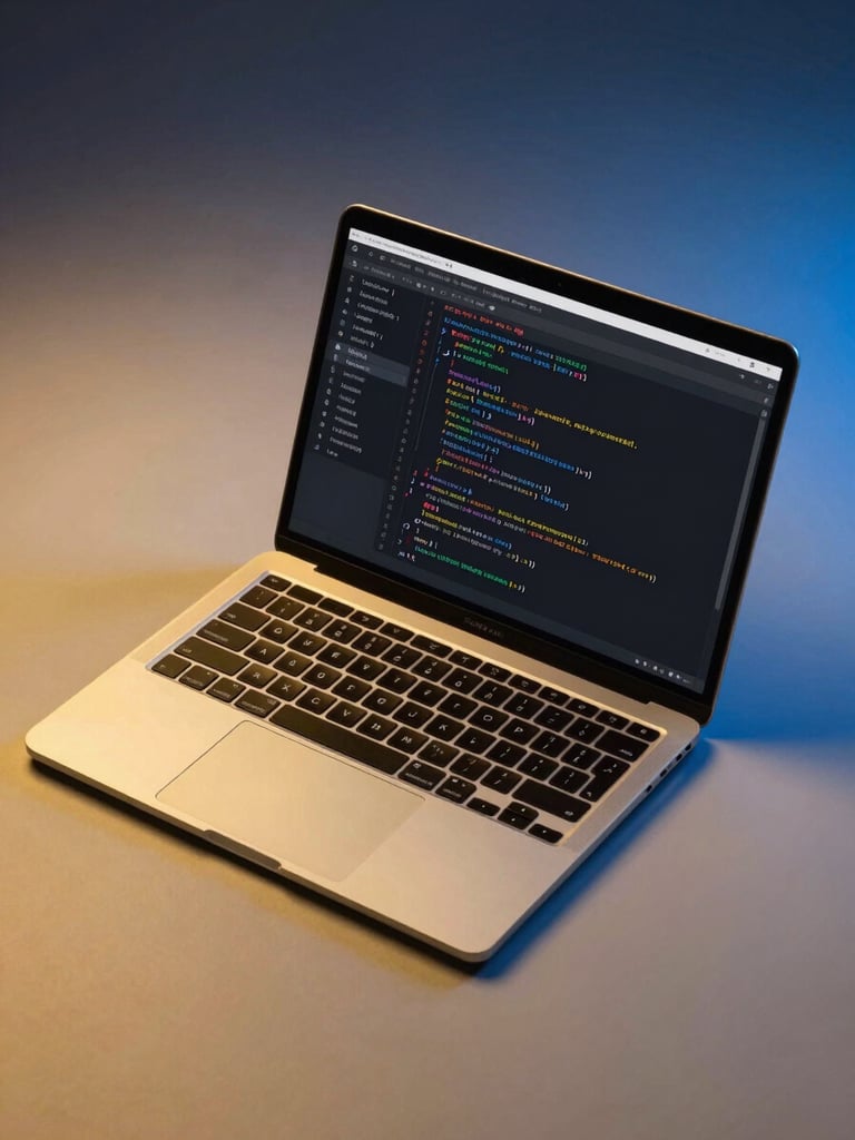 A clean overhead workspace showing a modern laptop screen displaying structured code and AI prompt templates, warm gold and deep blue ambient lighting