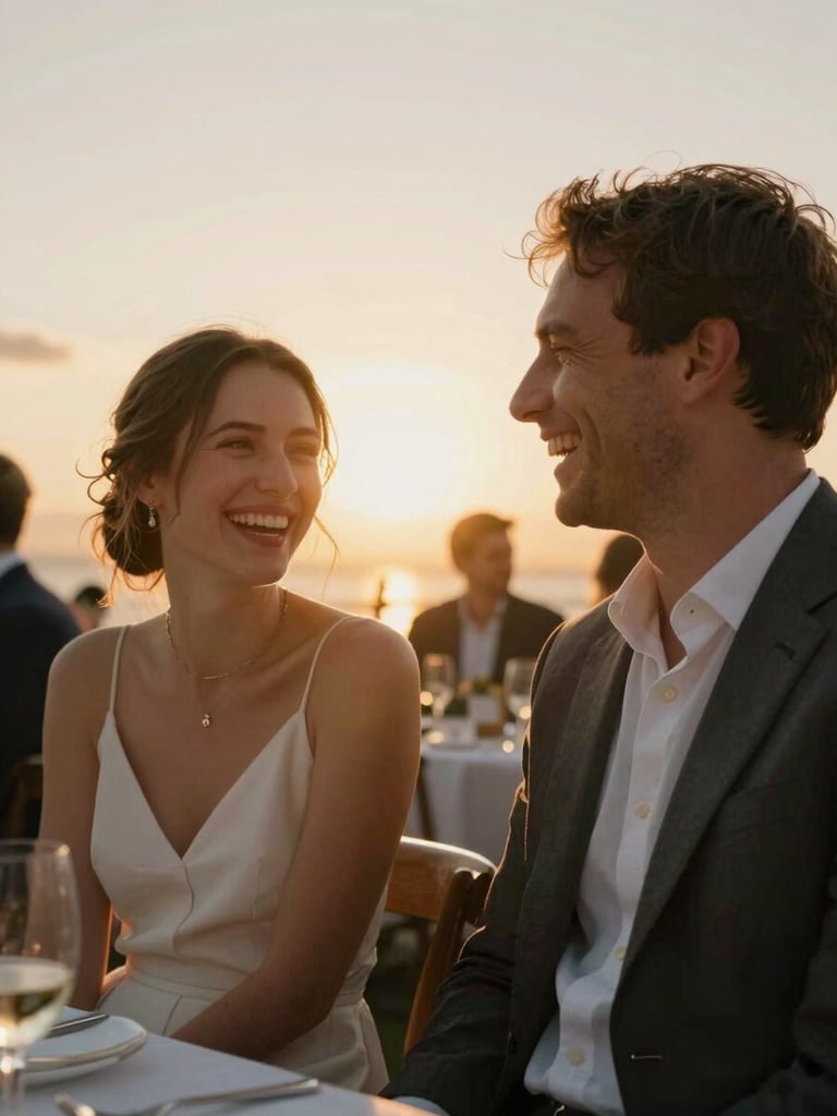 Cinematic portrait of two guests laughing naturally at an outdoor evening reception, bathed in warm golden hour sunset light, low-angle sun creating dramatic silhouettes, soft focus background.