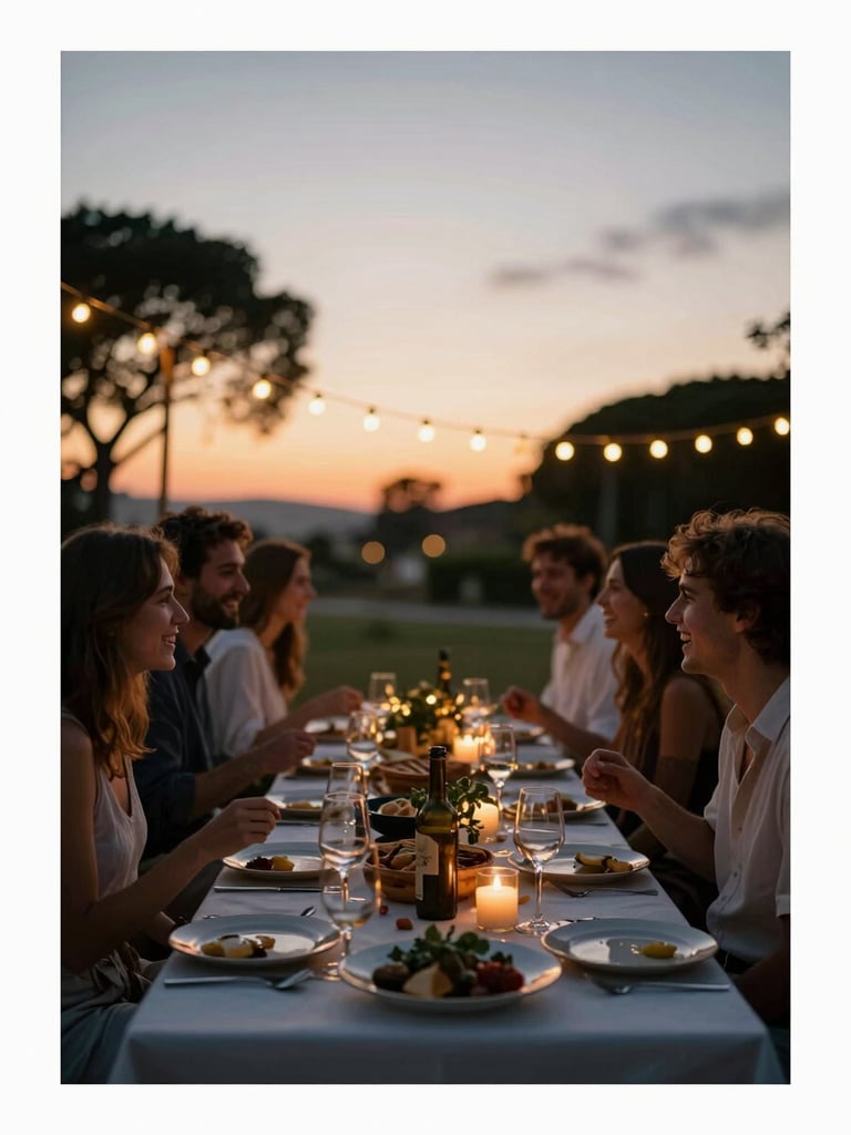 An atmospheric environmental shot of an outdoor dinner party at sunset, warm string lights glowing, guests laughing in soft focus, low-angle natural light.