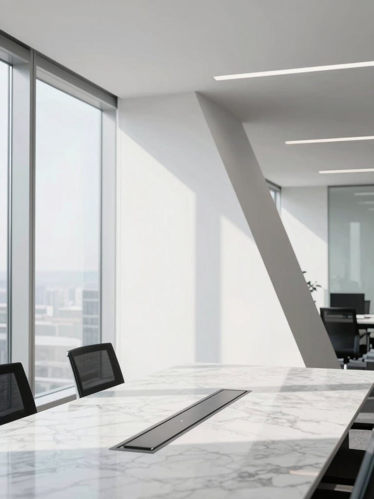 A clean, modern office interior with natural daylight illuminating a marble conference table, sharp architectural focus