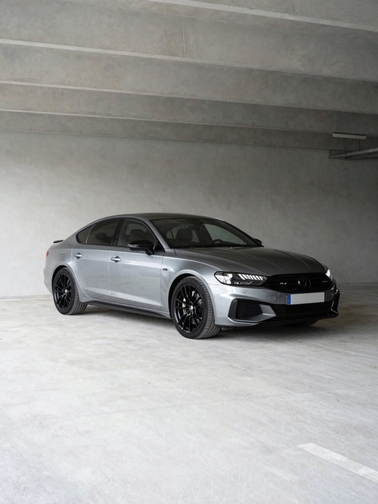 Wide shot of a late-model European sedan on clean white cement in a parking structure, three-quarter front angle, neutral studio-style daylight, no reflections, vehicle fully visible, generous negative space to the left