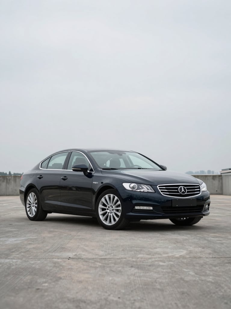 Wide straight-angle front three-quarter exterior of a dark European executive sedan parked on a flat cement surface, neutral overcast daylight, even studio-like illumination showing paintwork condition clearly, no people, no background distractions, minimal shadow, documentary framing