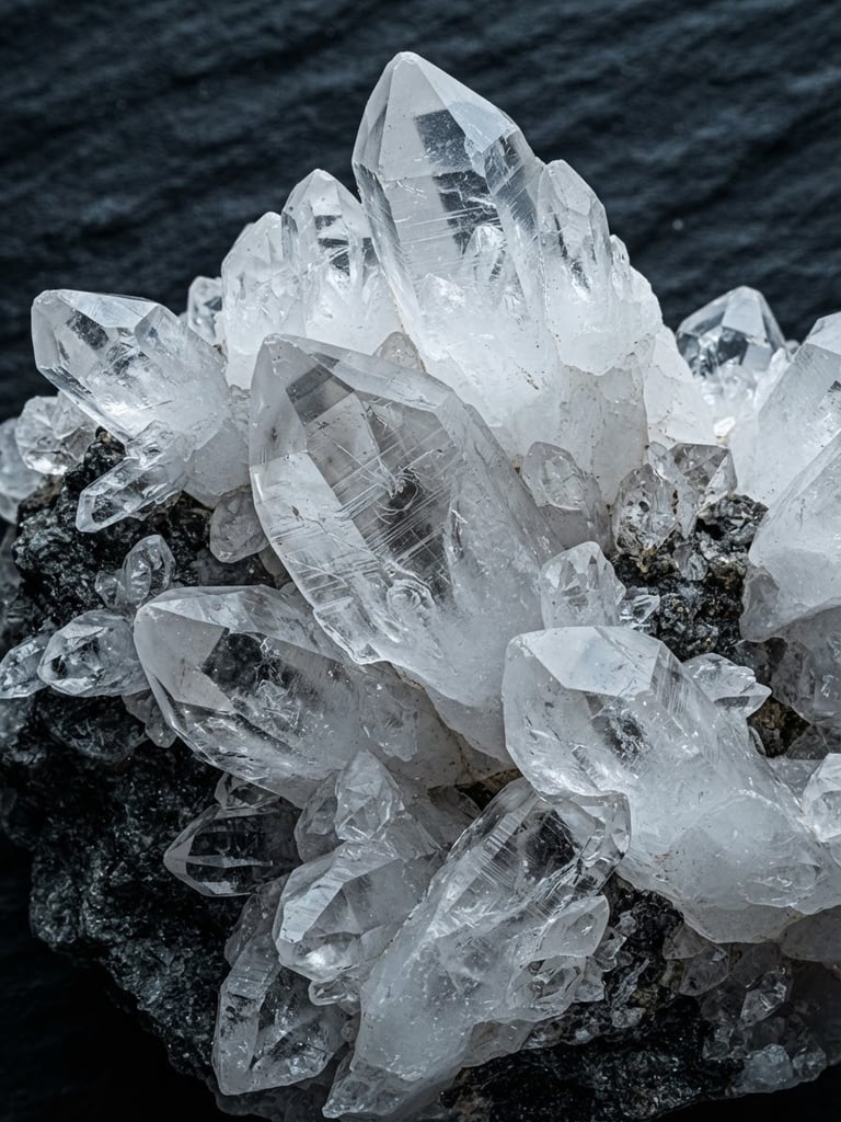 Macro close-up of high-purity raw quartz crystals, sharp mineral textures, cool high-contrast studio lighting, deep slate background