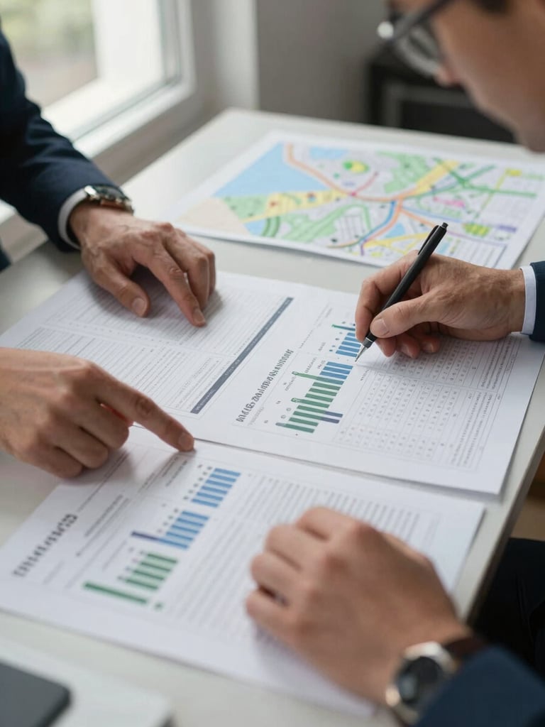 Close-up of two analysts reviewing side-by-side printed retail data reports at a large desk, diffused daylight from a window to the left, hands pointing at annotated charts, maps visible in the background, controlled documentary framing, no smiles