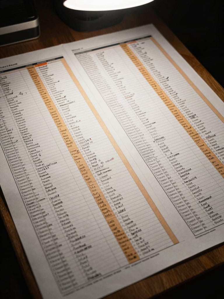Close overhead view of a printed comparative retail data map spread across a large desk, two market columns annotated with handwritten notes and amber marker highlights, diffused studio light from above, analytical work in progress, no screens, no people