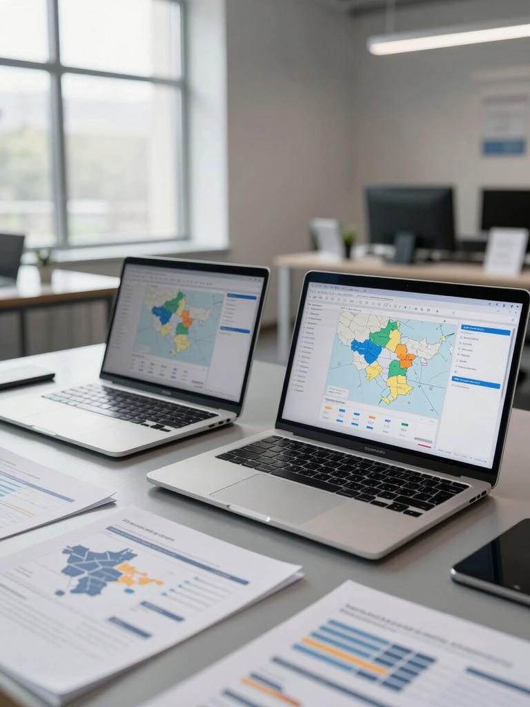 Wide shot of a modern retail intelligence workspace, two open laptops displaying data dashboards and regional maps side by side on a slate-grey desk, diffused daylight from a large window to the left, analytical documents and printed charts visible in the foreground, no people, clean and controlled atmosphere
