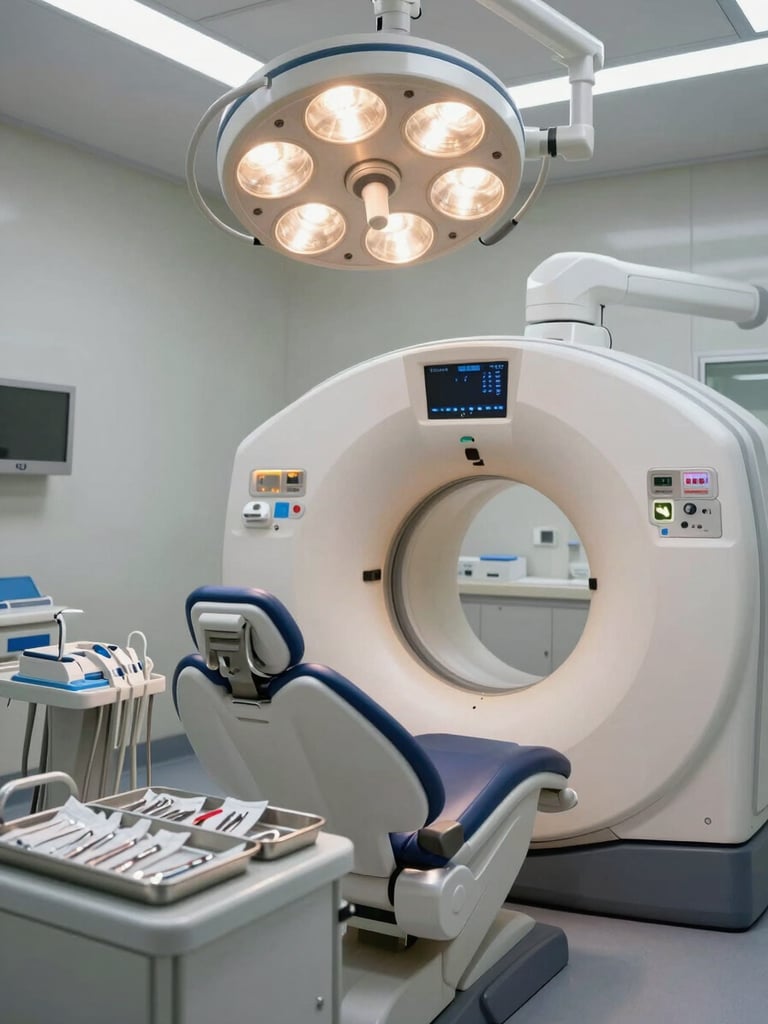 Wide environmental shot of a modern dental operating room, tungsten-warm overhead surgical light illuminating a CBCT imaging unit and treatment chair, sterilization trays with sealed instrument pouches arranged on a side counter, no patients or faces visible, clinical and precise