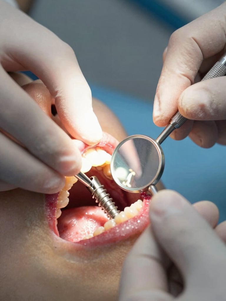 Extreme close-up of intraoral dental work in progress, titanium implant fixture visible in mandible, tungsten operating-room light casting warm highlights on sterile gloved hands, dental mirror reflecting surrounding tissue, clinical and precise