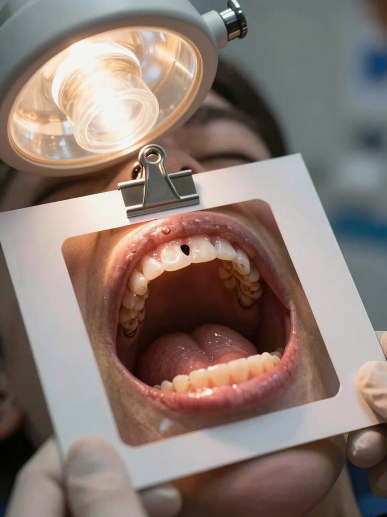 Extreme close-up intraoral photograph showing pre-operative dental X-ray film clipped to a light box beside an open mouth with missing molar site, tungsten operating lamp casting warm light, clinical gloves visible at frame edge, no patient face
