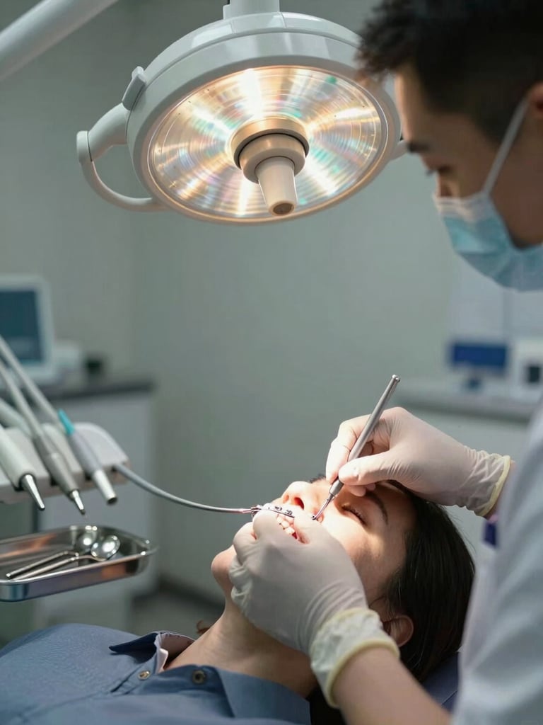 Orthodontist gloved hands adjusting metal bracket wire on patient's teeth under bright tungsten operatory light, dental tools visible on tray to the left, medium environmental shot of clinical workspace