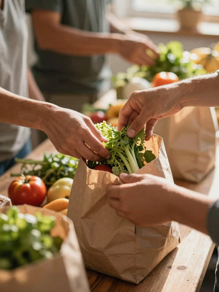 Hands carefully organizing fresh local produce into community food packages, warm natural light, authentic human moment, shallow depth of field, 35mm