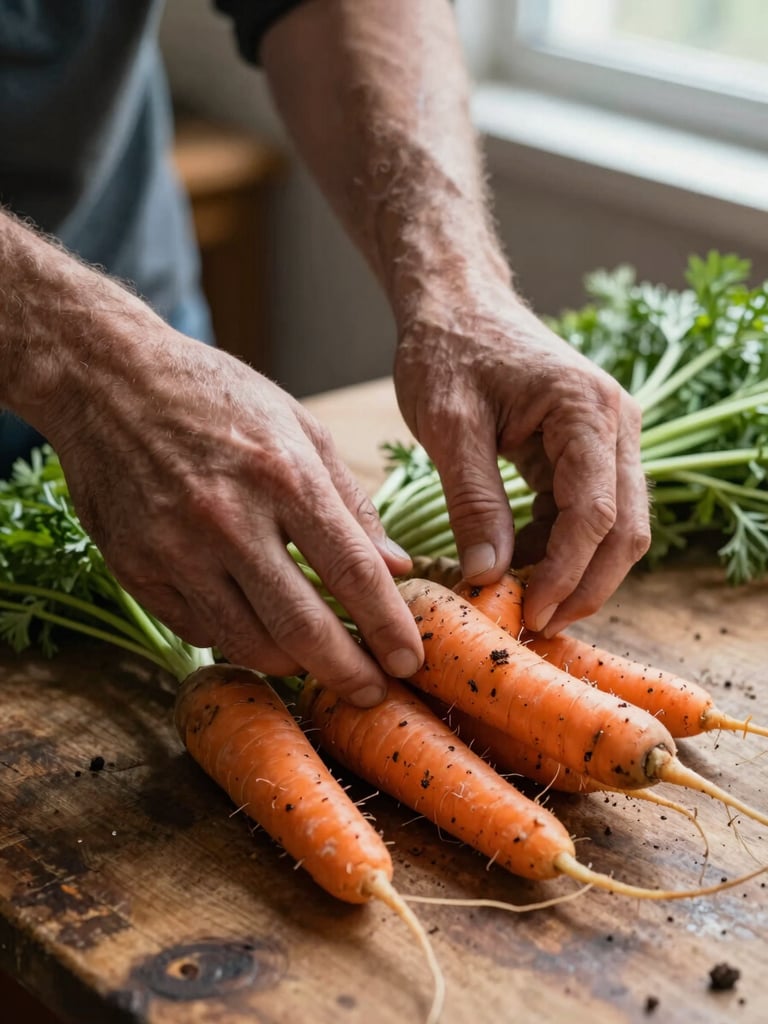 Close-up of weathered hands arranging freshly pulled carrots on a worn wooden prep table, north-facing window light casting soft lateral shadows, soil still visible on the roots, shallow depth of field