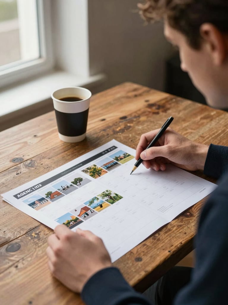 Agency team member reviewing printed seasonal content calendar spread on a worn oak table, a half-drunk coffee beside it, window light from the left, unposed and mid-thought