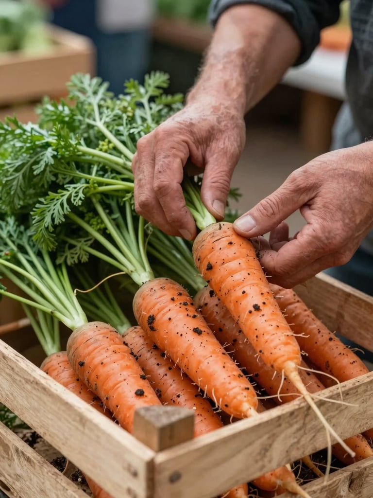 Close-up of a farmer's hands sorting freshly pulled carrots on a wooden crate at a morning farmers market, north-facing daylight, soil still visible on the roots, quiet stall in soft background