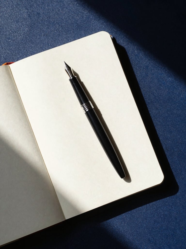 Overhead flat-lay of a fountain pen resting on a thick cream notebook, high-contrast window shadows across textured paper