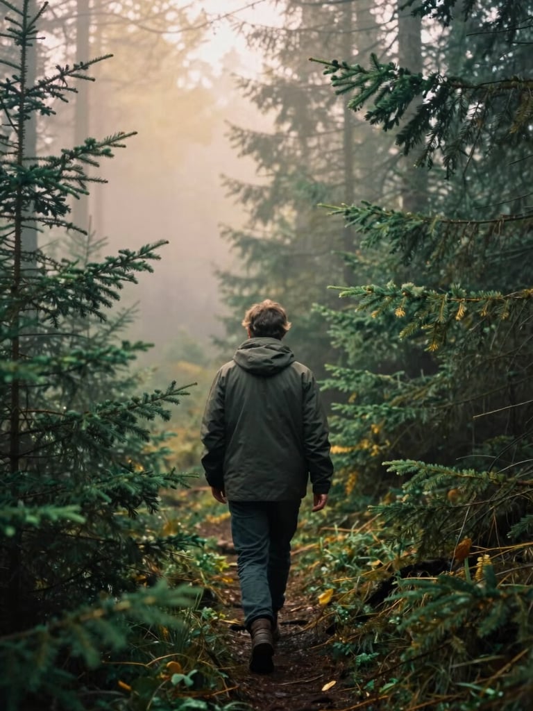 Intimate portrait of a writer walking through misty evergreen woods, soft focus, morning fog, deep green and gold tones, 35mm film style.