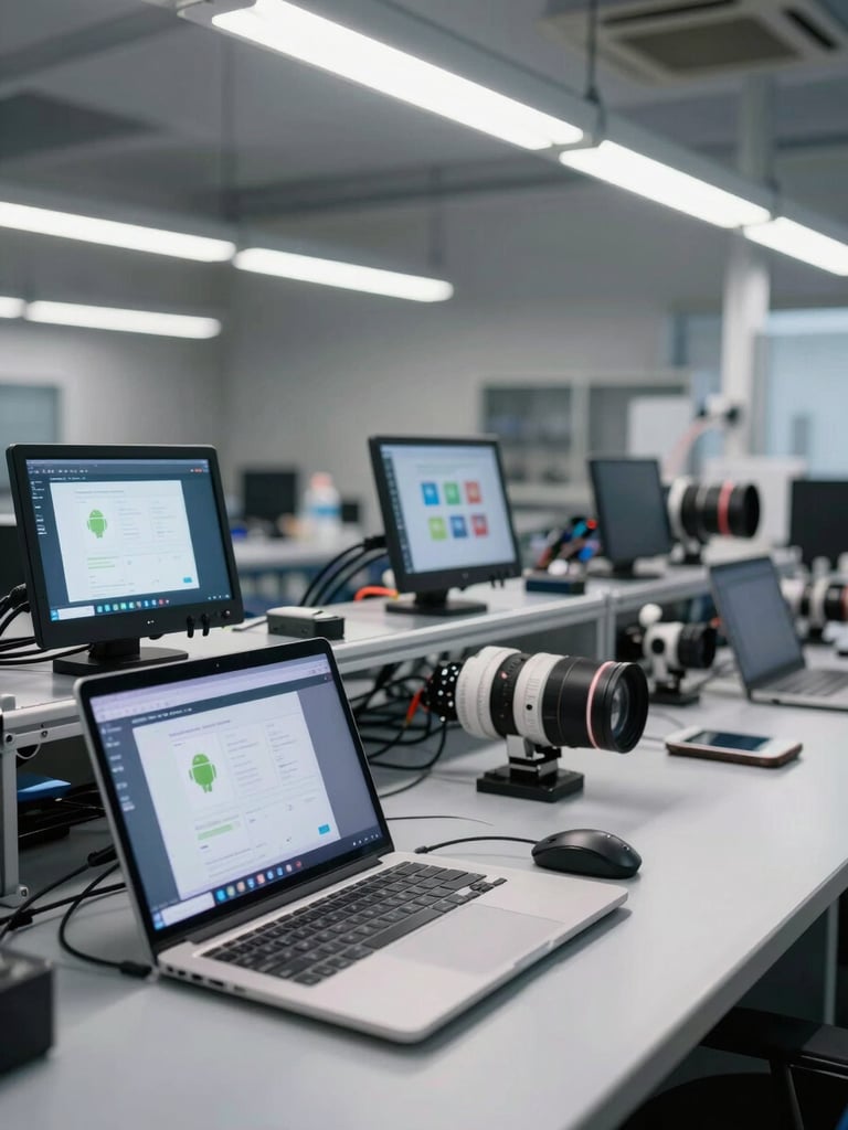 Wide shot of a developer workstation with multiple Android devices in a test rig, screens lit with app interfaces, overhead fluorescent lab lighting, neutral grey surface, no people, documentary-technical framing