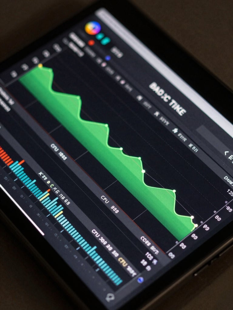 Close-up of an Android device screen displaying a live performance audit interface: frame-rate timeline in accent green, memory usage bars, CPU load percentages, all on a dark system UI, overhead even lab lighting, no hands